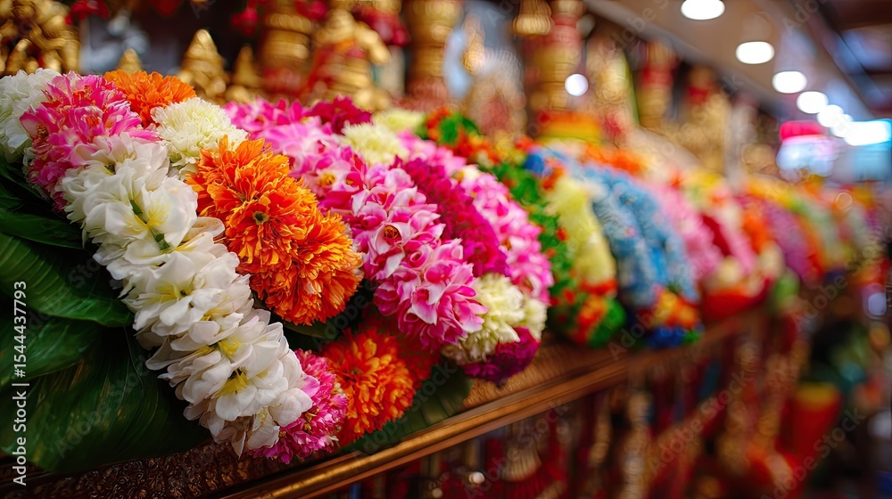 Fototapeta premium Brightly colored floral garlands symbolizing joy and prosperity at an auspicious event