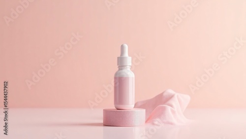 A pink dropper bottle on a pink pedestal with a pink cloth against a pink background in a studio setting