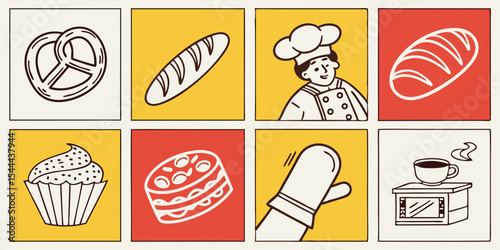 Vector illustration set of people enjoying a delicious bakery breakfast with various sweet pastries and bread