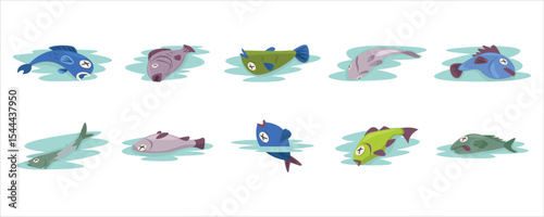 Collection of Dead Fish, dead fish lying on water surface. Dead Fish Vector Set
