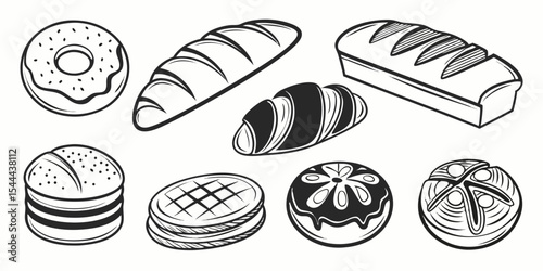 Isolated vector illustration set of sweet pastry, easter eggs, and different kinds of bread