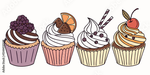 Vintage vector illustration of delicious chocolate cherry cupcakes with pink icing, perfect for a birthday celebration or sweet dessert snack