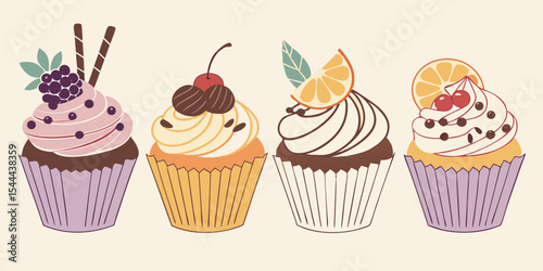 Delicious sweet dessert cupcakes: chocolate, strawberry, and cherry-topped delights perfect for any birthday celebration or party