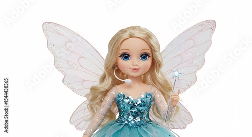 Enchanted Fairy Doll Sparkles Softly Delicate Wings Teal Gown. AI Generated