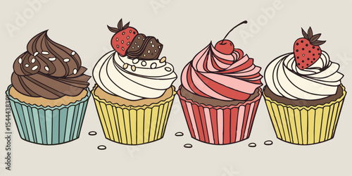Delicious chocolate strawberry and cherry cupcakes, cakes, and ice cream treats