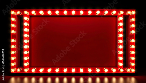 A bright, red marquee frame with light bulbs, perfect for showcasing advertisements, performances, or events, set against a dark background