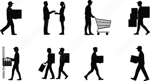 Silhouettes of people carrying items and interacting on white background