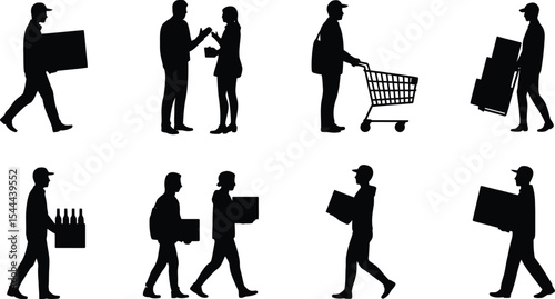 Silhouettes of people carrying boxes and shopping cart on white background