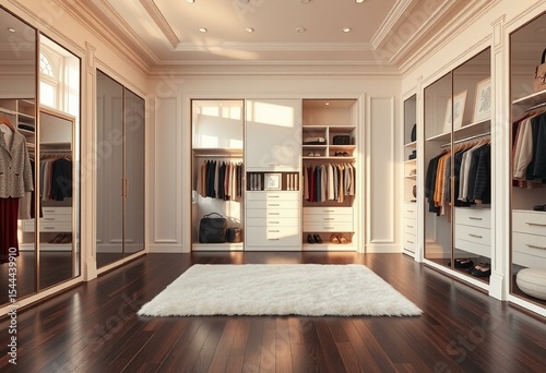 Luxurious walk-in closet with full-length mirrors and organized storage