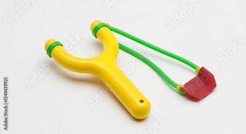 Brightly colored plastic slingshot rests playfully on white background. AI Generated