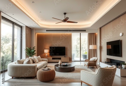 High-tech smart home living area with integrated lighting and sound systems