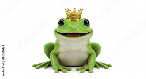 Smiling frog king wears golden crown bright light. AI Generated