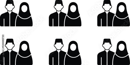 Six black and white muslim couple icons in a grid pattern on white