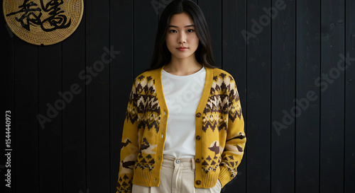 Woman in Mustard Yellow Fair Isle Cardigan