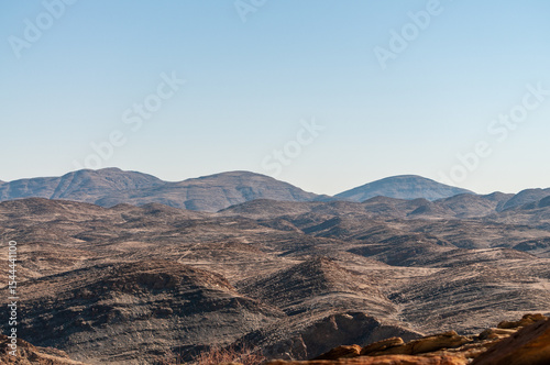 Outlook over the Kuiseb pass viewpoint in Namibia, an area that strongly resembles a lunar landscape.