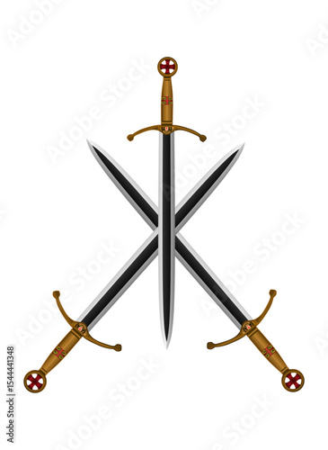 Sword vector illustration icon. Crossed swords military or heraldry symbol. Protection and security sign. Medieval or knight weapon. Fantasy longsword fencing logo. Clip-art silhouette.