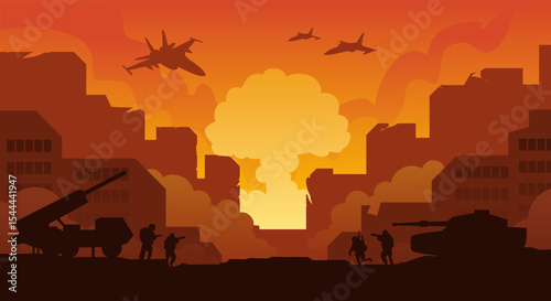 Illustration military war soldiers with bomb explosions in the city