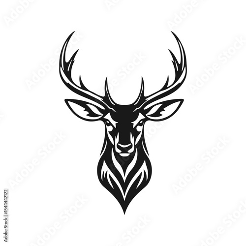 Deer head silhouette with antlers in black and white line art, bold animal profile with strong forest vibe, deer head, deer silhouette, antler art, forest animal, wildlife illustration