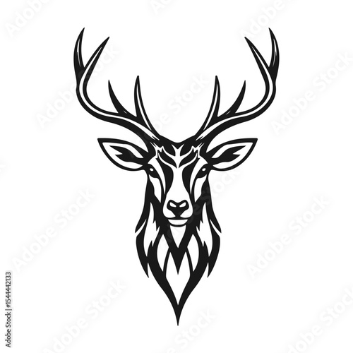 Deer head silhouette with antlers in black and white line art, bold animal profile with strong forest vibe, deer head, deer silhouette, antler art, forest animal, wildlife illustration