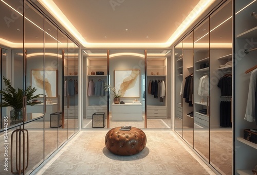 Glamorous walk-in closet and dressing room with full-length mirrors and organized storage