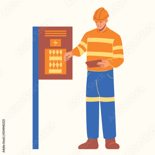set of an Electrician Man Repairing Electrical Box Cartoon Illustration