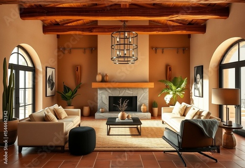 Southwestern style living room with terracotta tiles and rustic wood beams