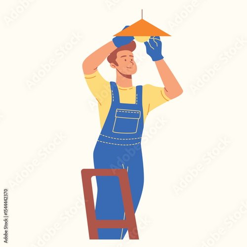 set of an Electrician Man Changing Lightbulb Cartoon Illustration