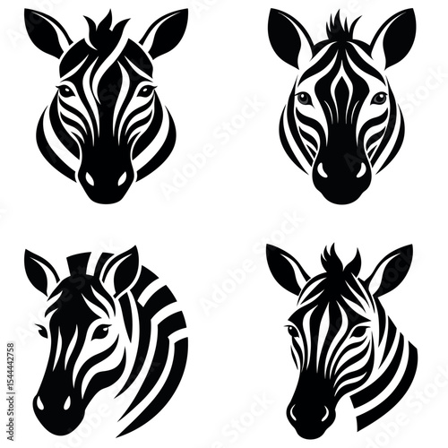 Four Striking Black and White Zebra Head Designs, Illustrative Animal Art Set