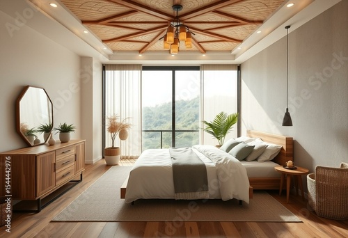 Serene Japandi-style bedroom with clean-lined furniture and natural materials