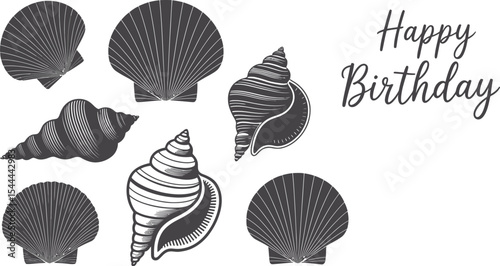 Happy birthday card with various black and white seashell illustrations