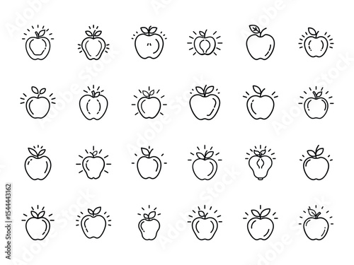 Glowing Apple Fruit Icon Set – Hand Drawn Outline Vector Illustrations of Fresh Apple Symbols with Radiant Highlights for Organic Food, Health, and UI Design