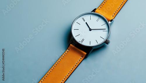 Wallpaper Mural Sleek, modern watch with a light orange leather band, angled on a light blue surface Torontodigital.ca