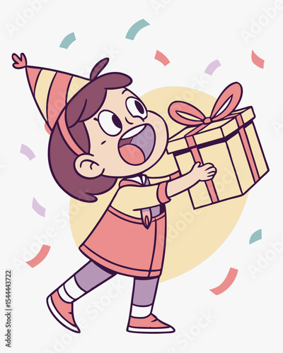 Excited Kid with Gift Box – Birthday Party Celebration Illustration