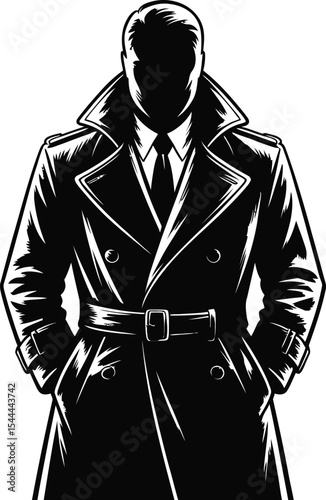 Silhouette of a man in a trench coat with hands in his pockets black