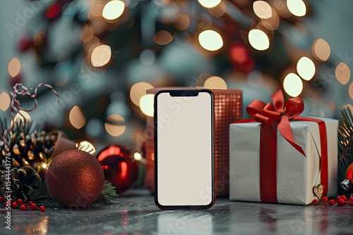 Sharp Image of Merry Christmas and Happy New Year Background with Mobile and Gifts