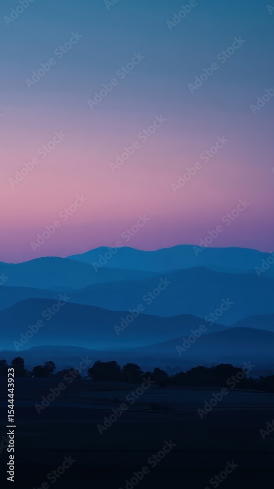 Obraz premium A serene landscape featuring layered blue mountains under a gradient pink and blue sky at dusk or dawn