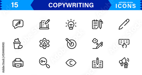 Copywriting Icon Set Featuring Content Creation, Writing, Editing, Marketing, and Communication Symbols in a Professional, Vector-Based Design