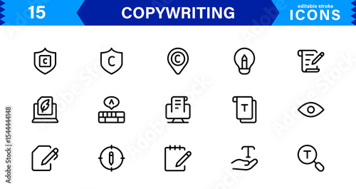 Copywriting Icon Set Featuring Content Creation, Writing, Editing, Marketing, and Communication Symbols in a Professional, Vector-Based Design
