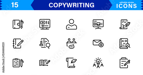 Copywriting Icon Set Featuring Content Creation, Writing, Editing, Marketing, and Communication Symbols in a Professional, Vector-Based Design