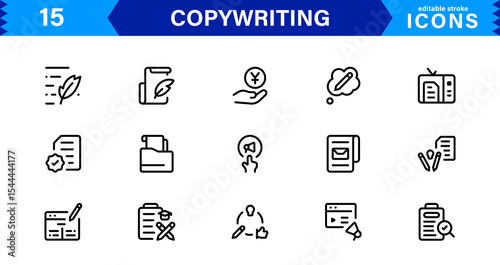 Copywriting Icon Set Featuring Content Creation, Writing, Editing, Marketing, and Communication Symbols in a Professional, Vector-Based Design