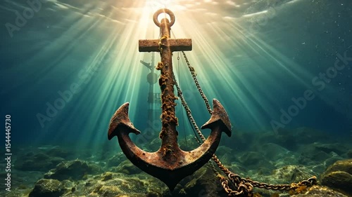 Underwater Anchor with Sunlight Streaming from Above