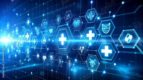 Digital Healthcare Technology Concept Background with Futuristic Medical Icons