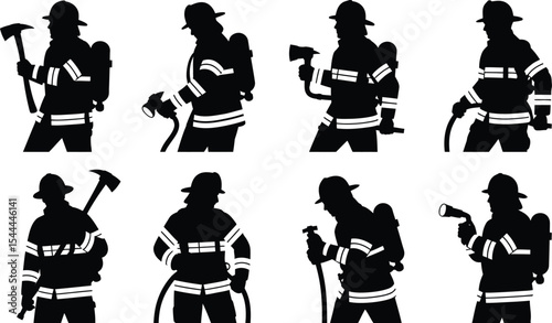 Silhouettes of firefighters in various poses with equipment on white