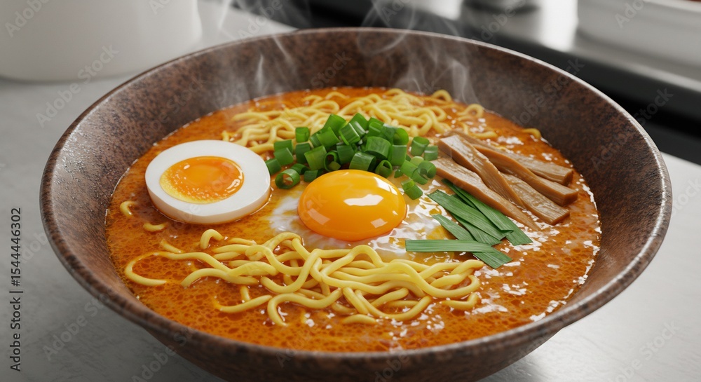 Dampfender Ramen Nudelsuppe leuchtend orange Eier frisch gegart. AI Generated Dampfender Ramen Nudelsuppe leuchtend orange Eier frisch gegart. AI Generated