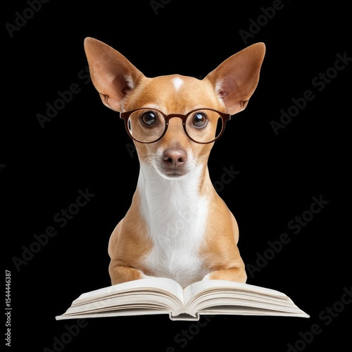 Dog wearing glasses sits attentively in front of open book, exuding curious and intelligent demeanor. black background enhances focus on dog and book, creating whimsical and engaging scene