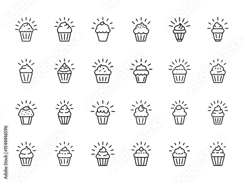 Glowing Cupcake Icon Set – Hand Drawn Outline Vector Illustrations of Sweet Cupcakes with Radiant Highlights for Bakery, Dessert Menus, and UI Design