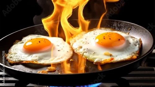 cooking fried egg in pan on black background	
