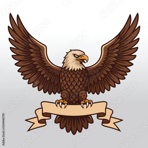 Majestic brown bald eagle with outstretched wings perched above a customizable blank ribbon banner, perfect for logos, emblems, and vintage-inspired designs symbolizing strength and tradition