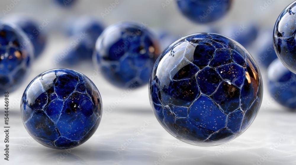 Naklejka premium Floating blue glass spheres with hexagonal patterns in abstract background