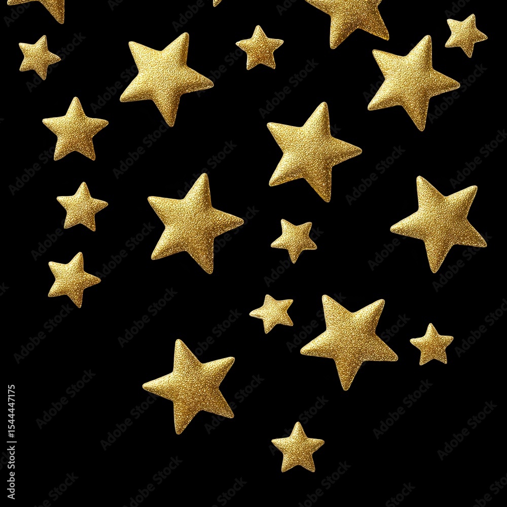 Obraz premium Golden stars scattered across black background create festive and celebratory atmosphere, perfect for various occasions. shimmering effect adds touch of elegance and charm